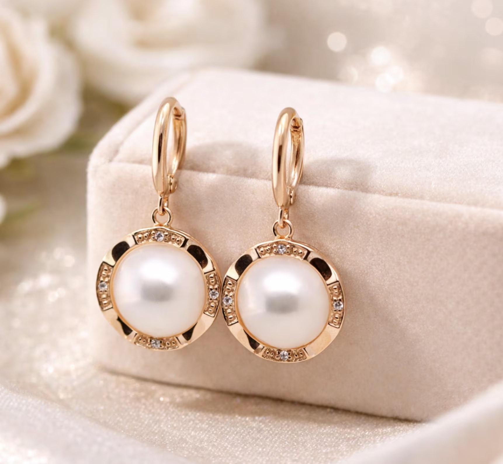 Vintage Pearl 14k Gold Leverback Dangly Earrings with Diamonds : June Birthstone Drops