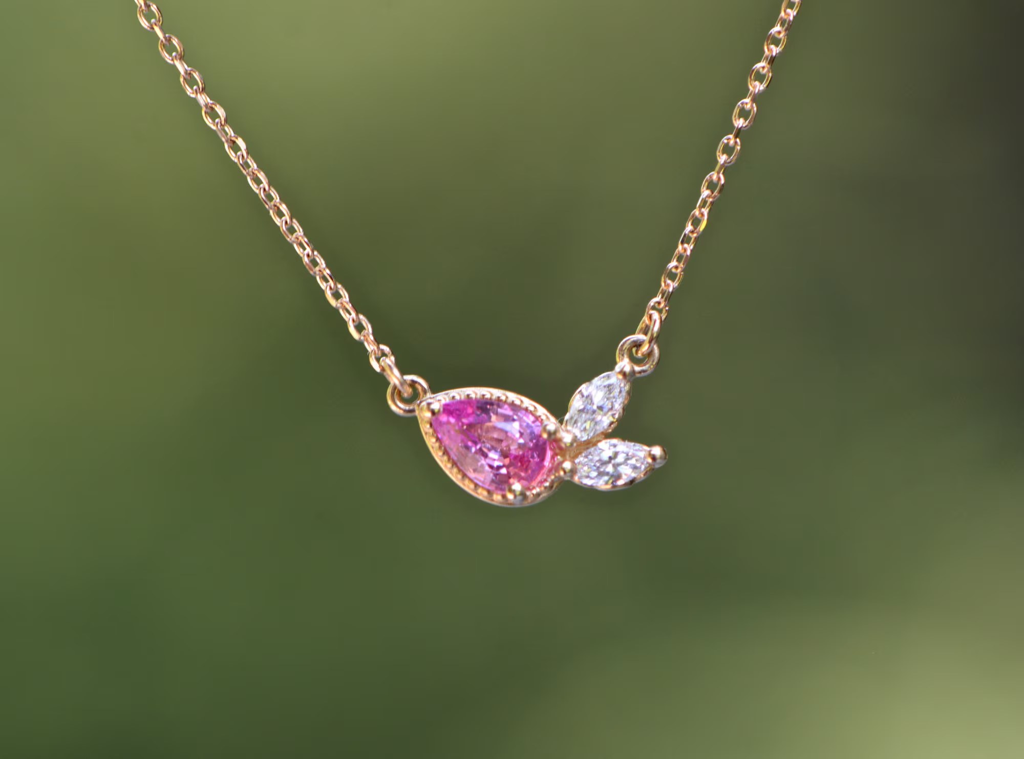 Natural Pink Sapphire & Diamond Solid 14k Gold Floral Necklace - September Birthstone Jewelry