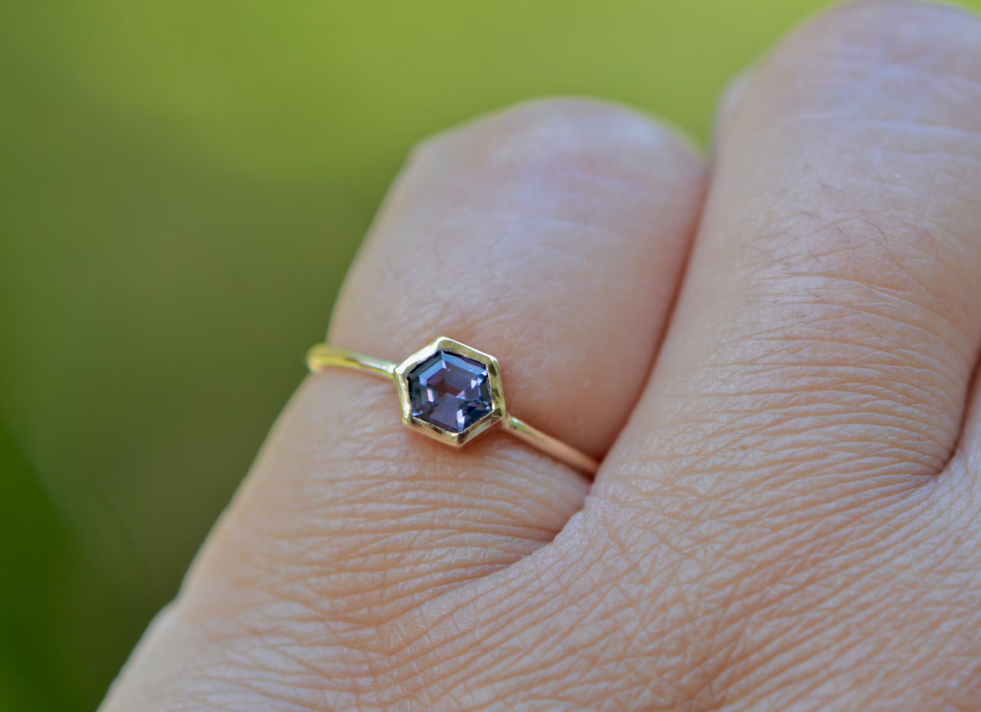 Spinel Hexagon Solitaire Ring 14kt Gold : Purple Gemstone Promise Ring