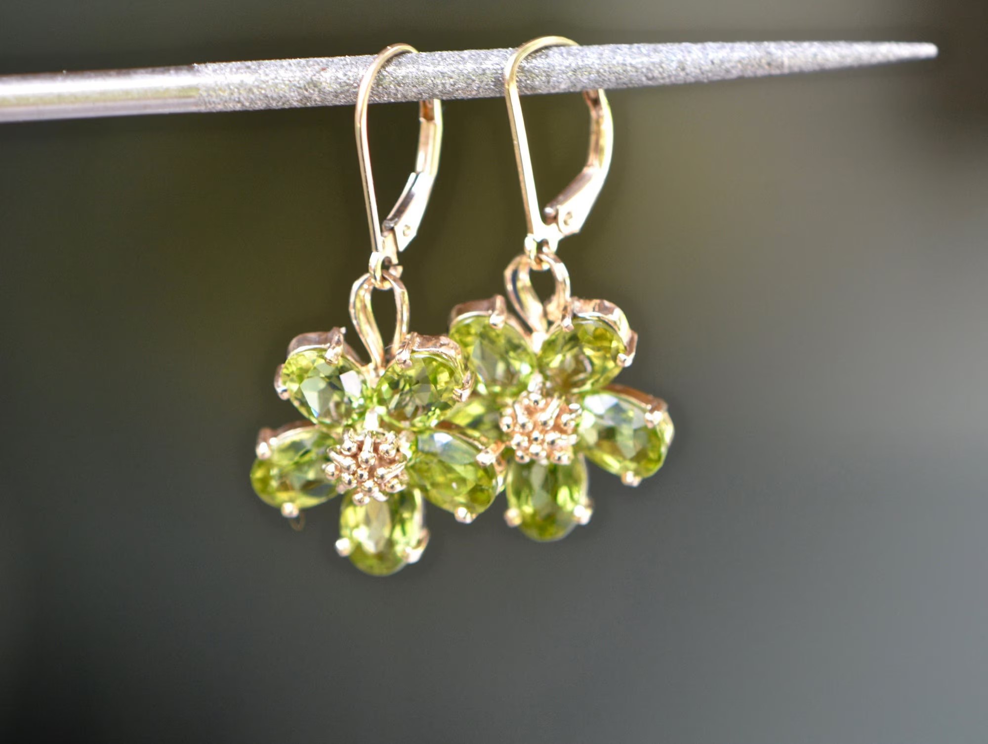 Peridot Vintage Flower Solid 14k Gold Leverback Dangly Earrings: August Birthstone Jewelry