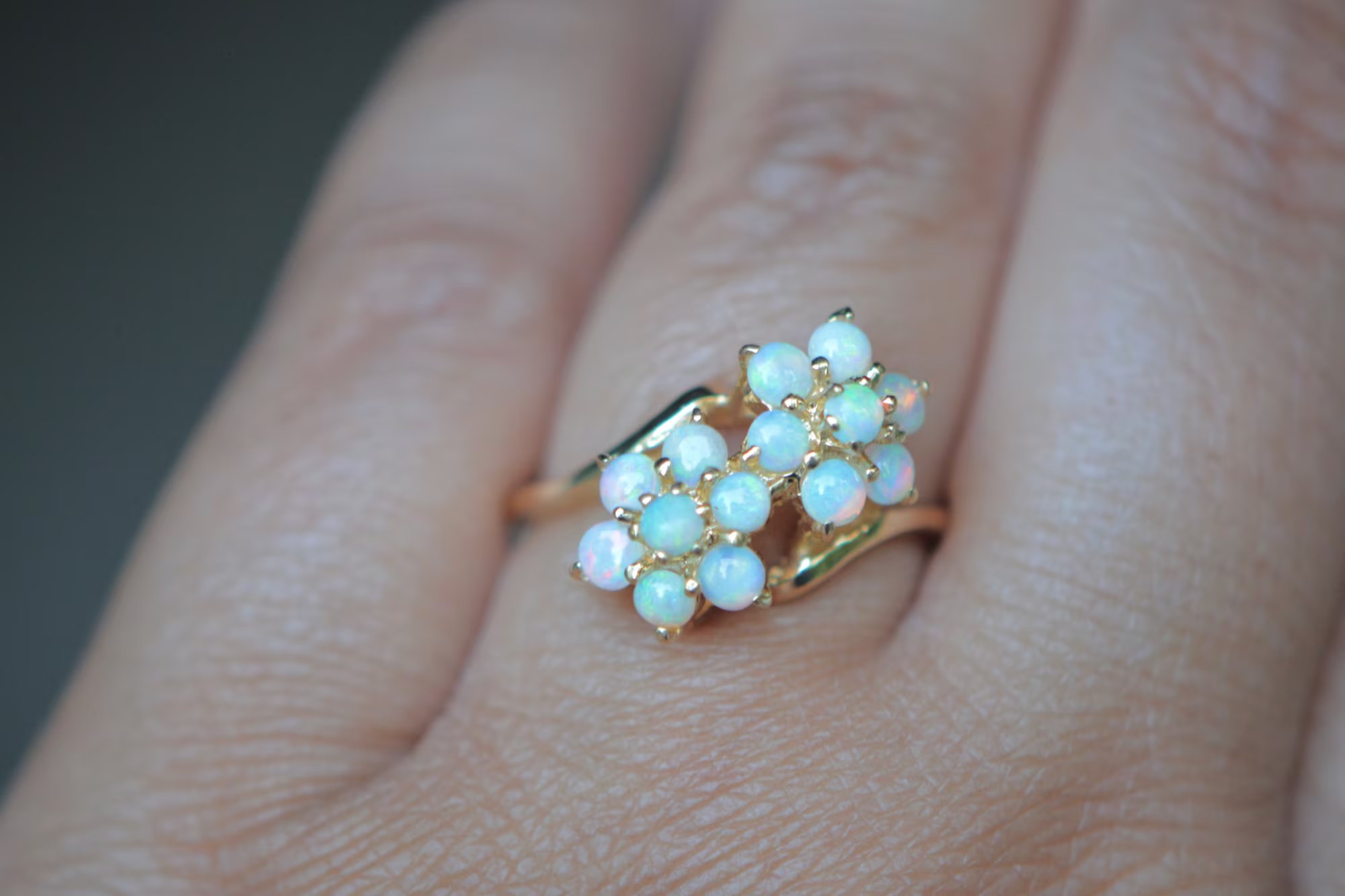 White Opal 14k Gold Floral Statement Ring: October Birthstone, Size 8
