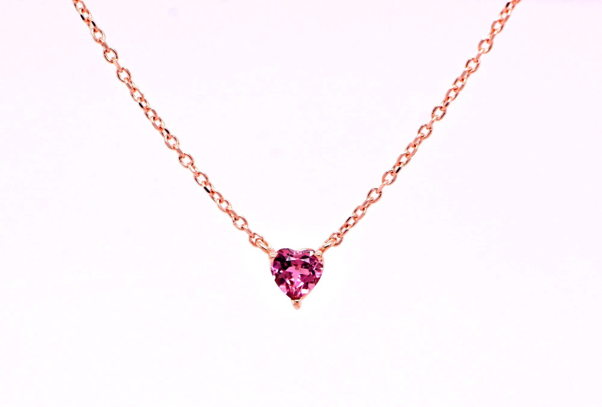 Pink Tourmaline Minimalist Heart Necklace 14kt Gold : October Birthstone