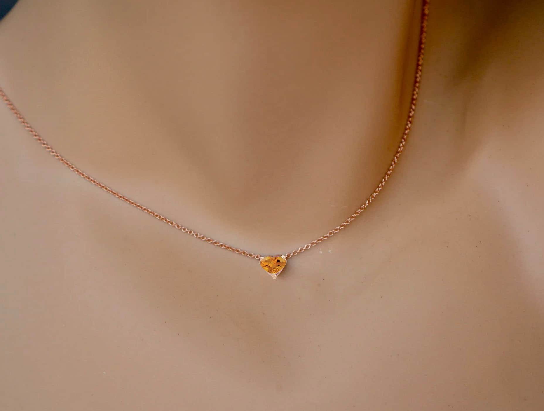 Citrine Minimalist Heart Necklace 14kt Gold, November Birthstone, detail view
