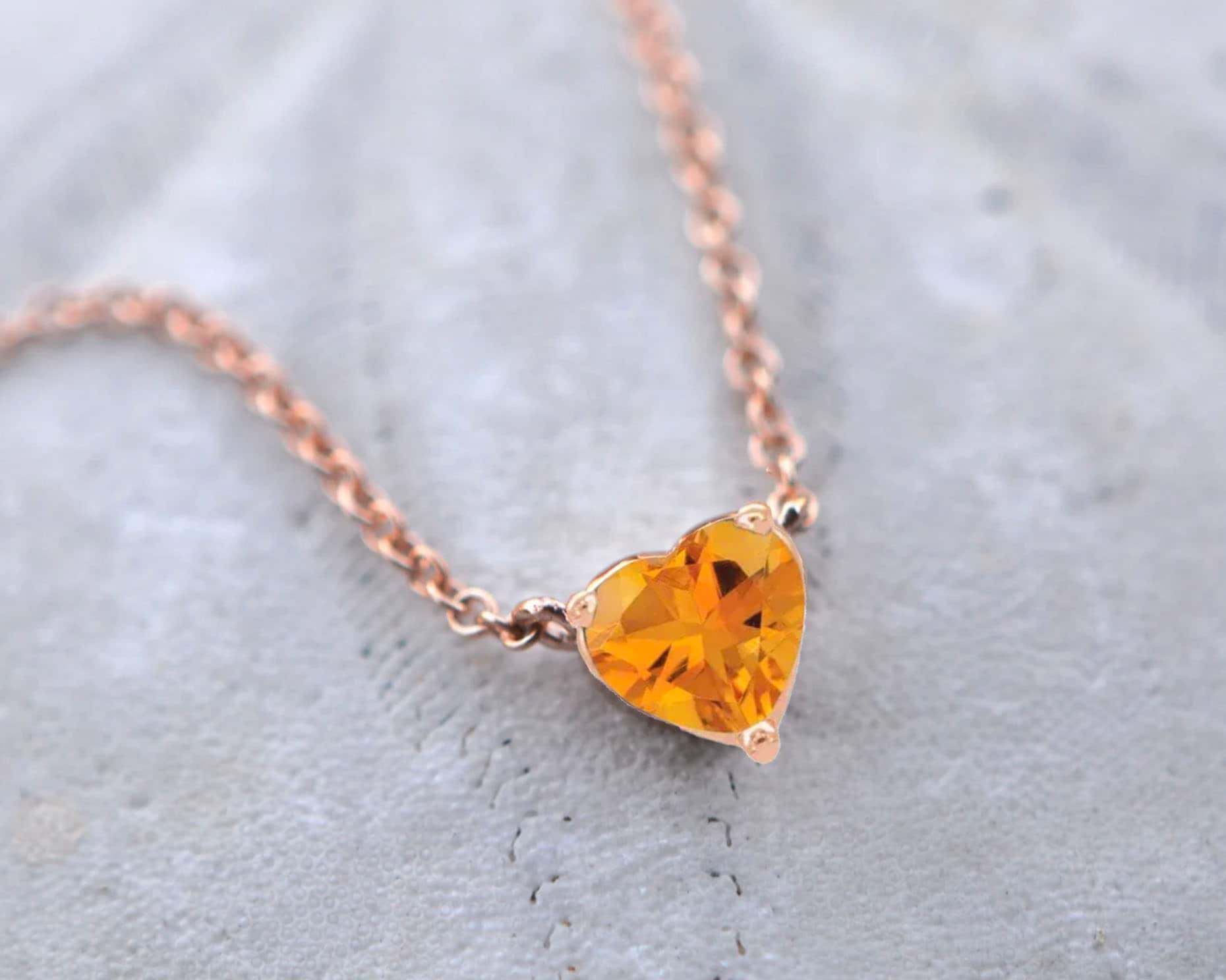 Citrine Minimalist Heart Necklace 14kt Gold, November Birthstone, detail view
