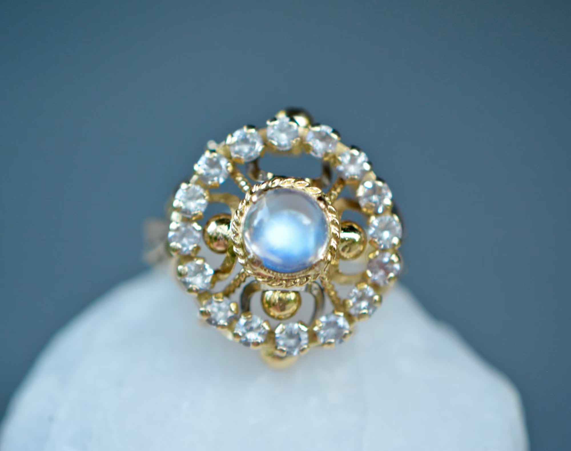 Moonstone & White Stone Statement 14k Gold Ring : June Birthstone Jewelry