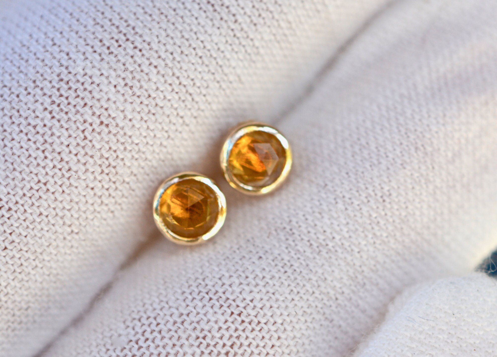 Citrine Rosecut Solid 14kt Gold Round Stud Earrings: November Birthstone Jewelry