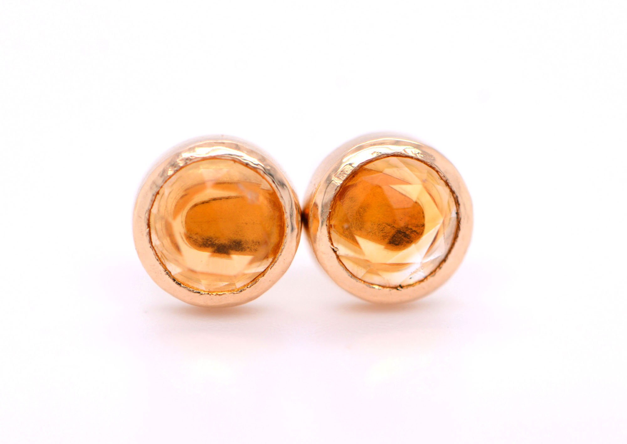Citrine Rosecut Solid 14kt Gold Round Stud Earrings: November Birthstone Jewelry, detail view