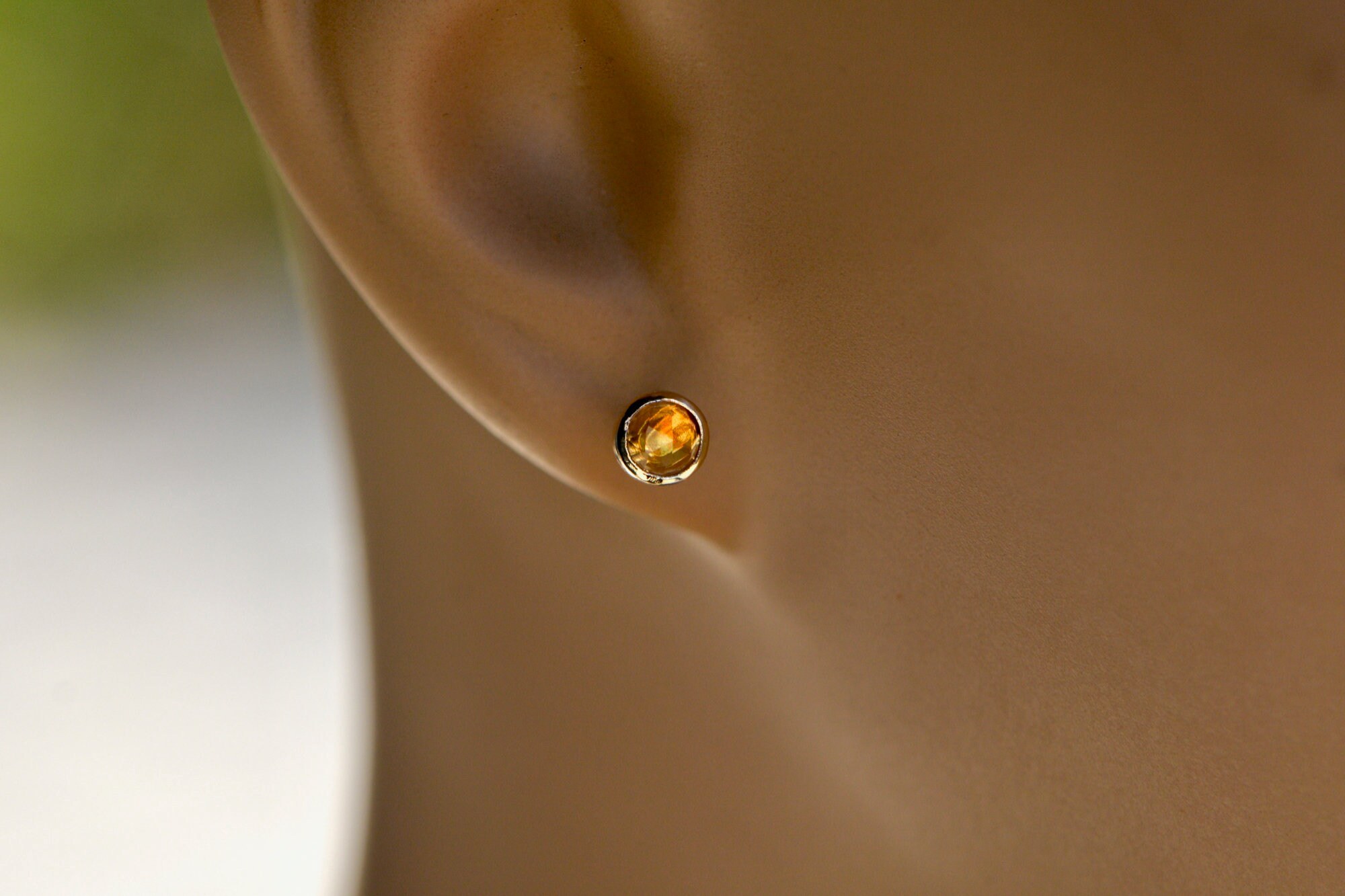 Citrine Rosecut Solid 14kt Gold Round Stud Earrings: November Birthstone Jewelry, detail view