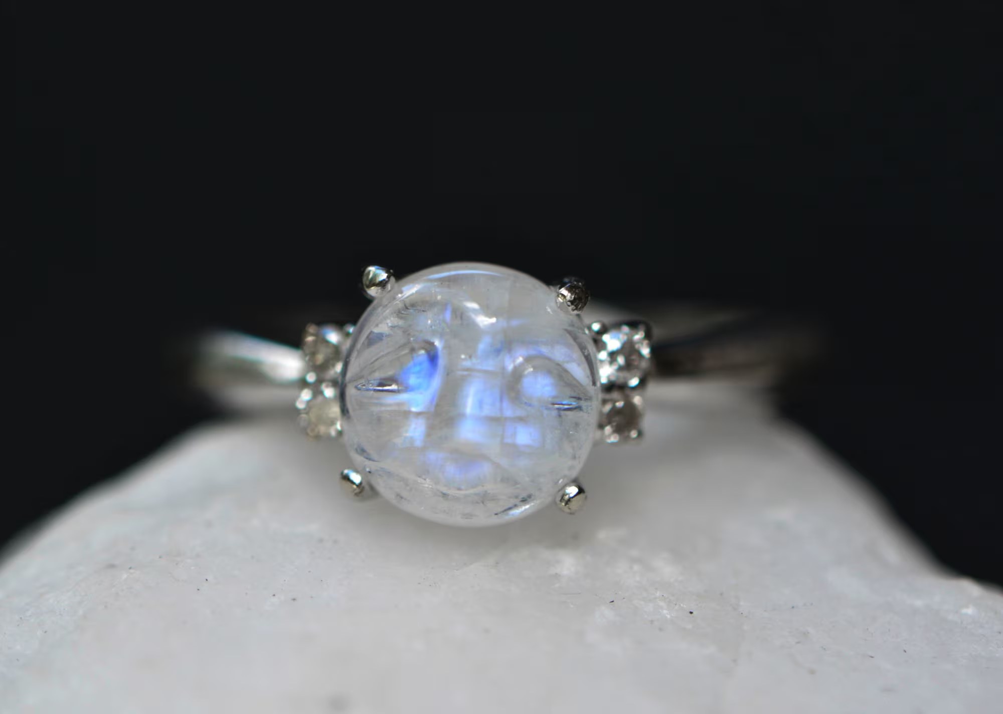 Blue Moonstone Face with Diamond Ring 10k White Gold : June Birthstone Jewelry