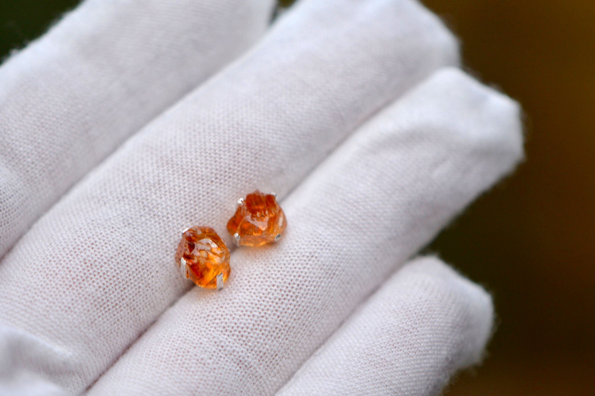 Raw Citrine Stud Earrings Sterling Silver : November Birthstone, detail view