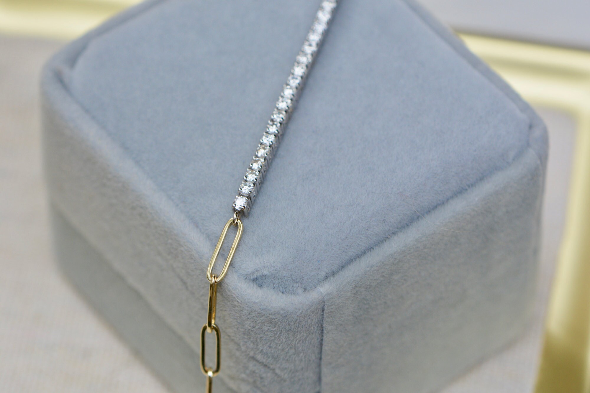 Diamond Line Minimalist Bracelet 14k Gold : Half-&-Half Tennis Diamond Bracelet with Paperclip Chain