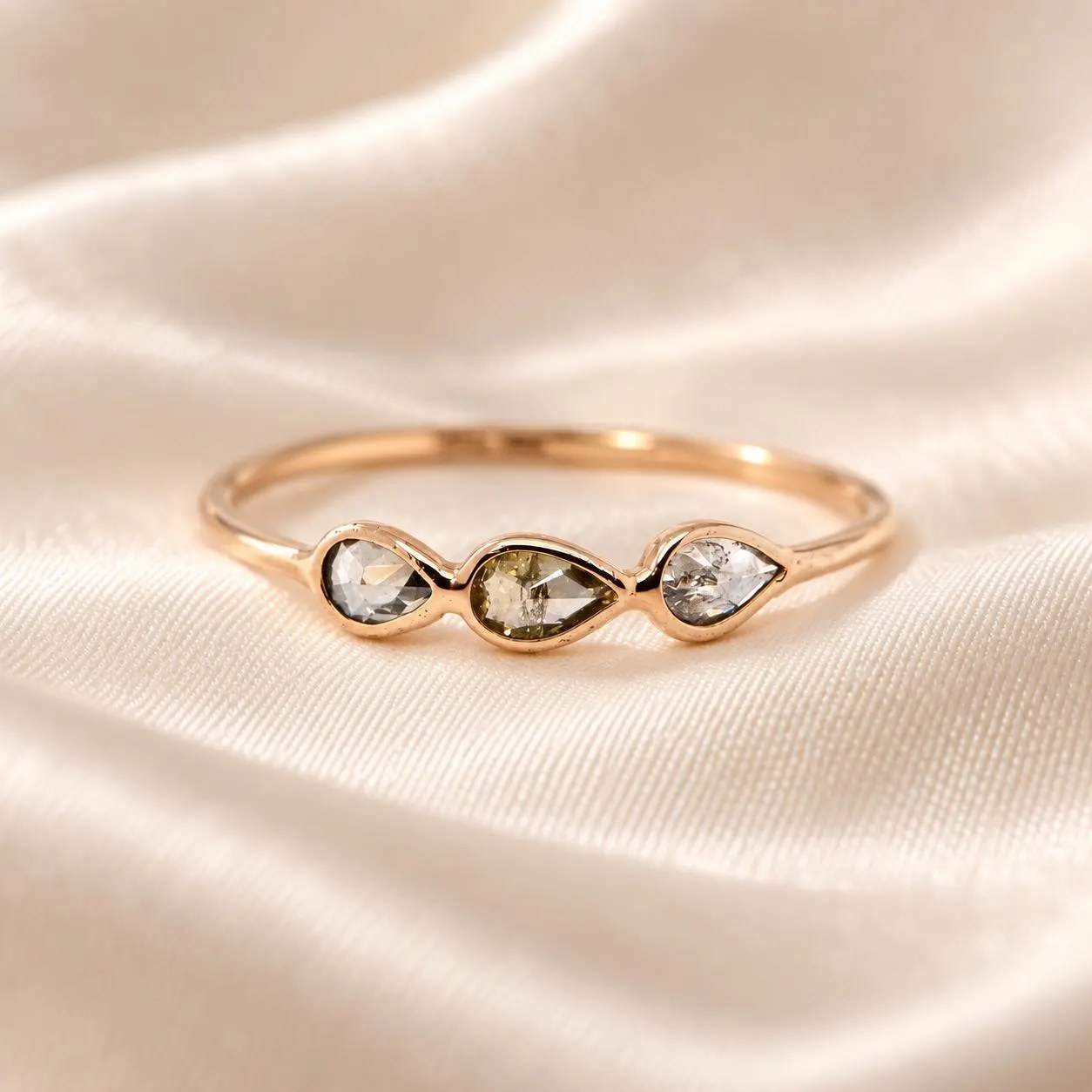 Teardrop Salt Pepper Diamond Ring: 14k Solid Gold Dainty Stacking Ring