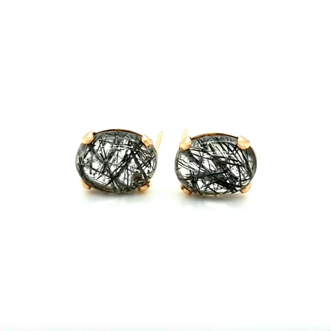Black Tourmalinated Quartz Oval Cabochon 14k Gold Earrings