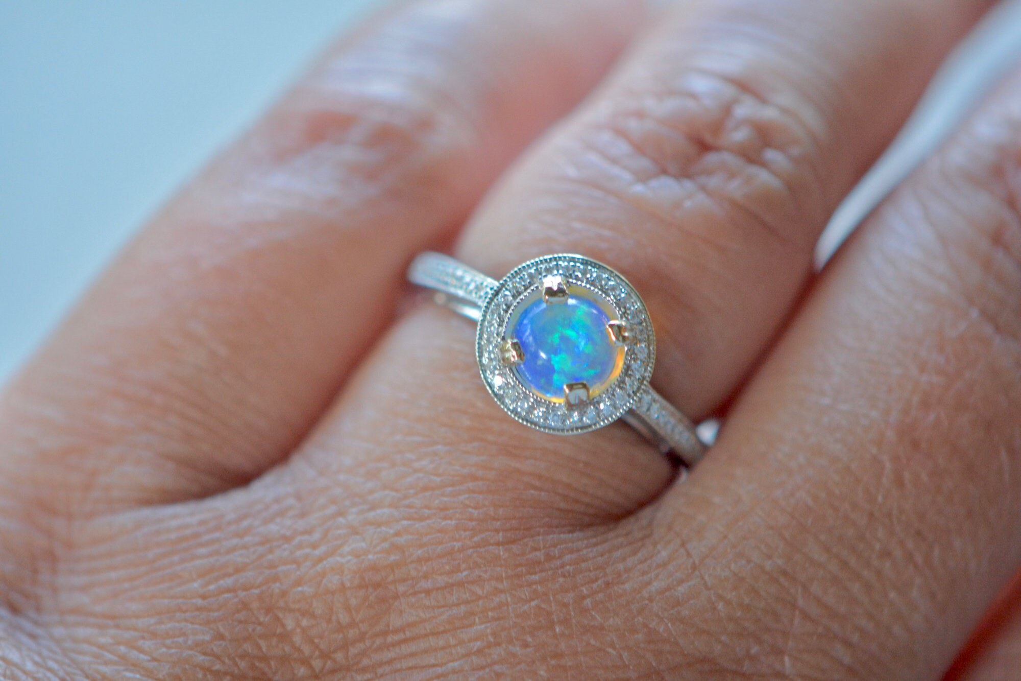Opal Australian & Diamond Ring 14k White Gold Ring Size 6.5 : October Birthstone Jewelry