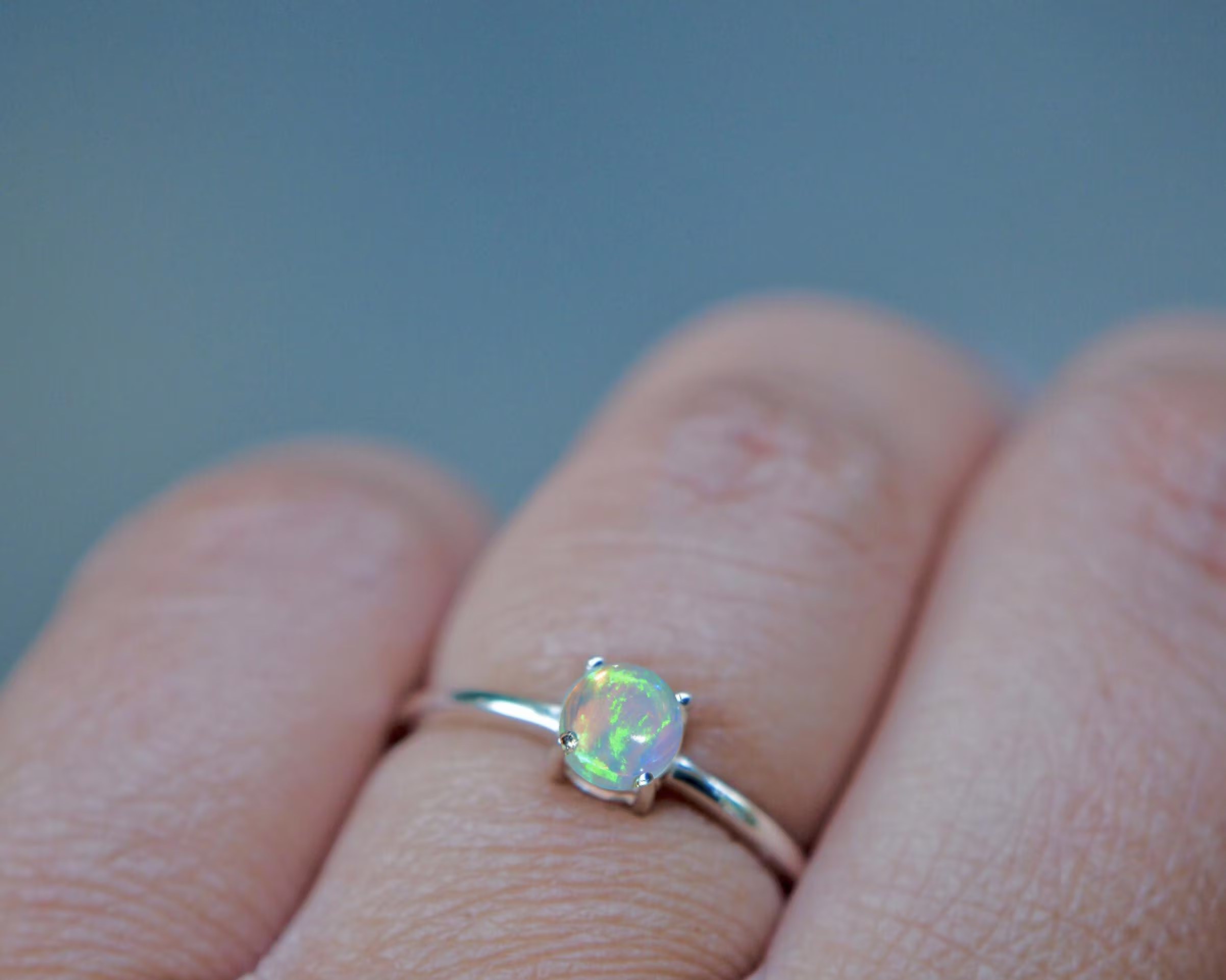 Ethiopian Opal Round Cabochon Sterling Silver Ring: October Birthstone Jewelry