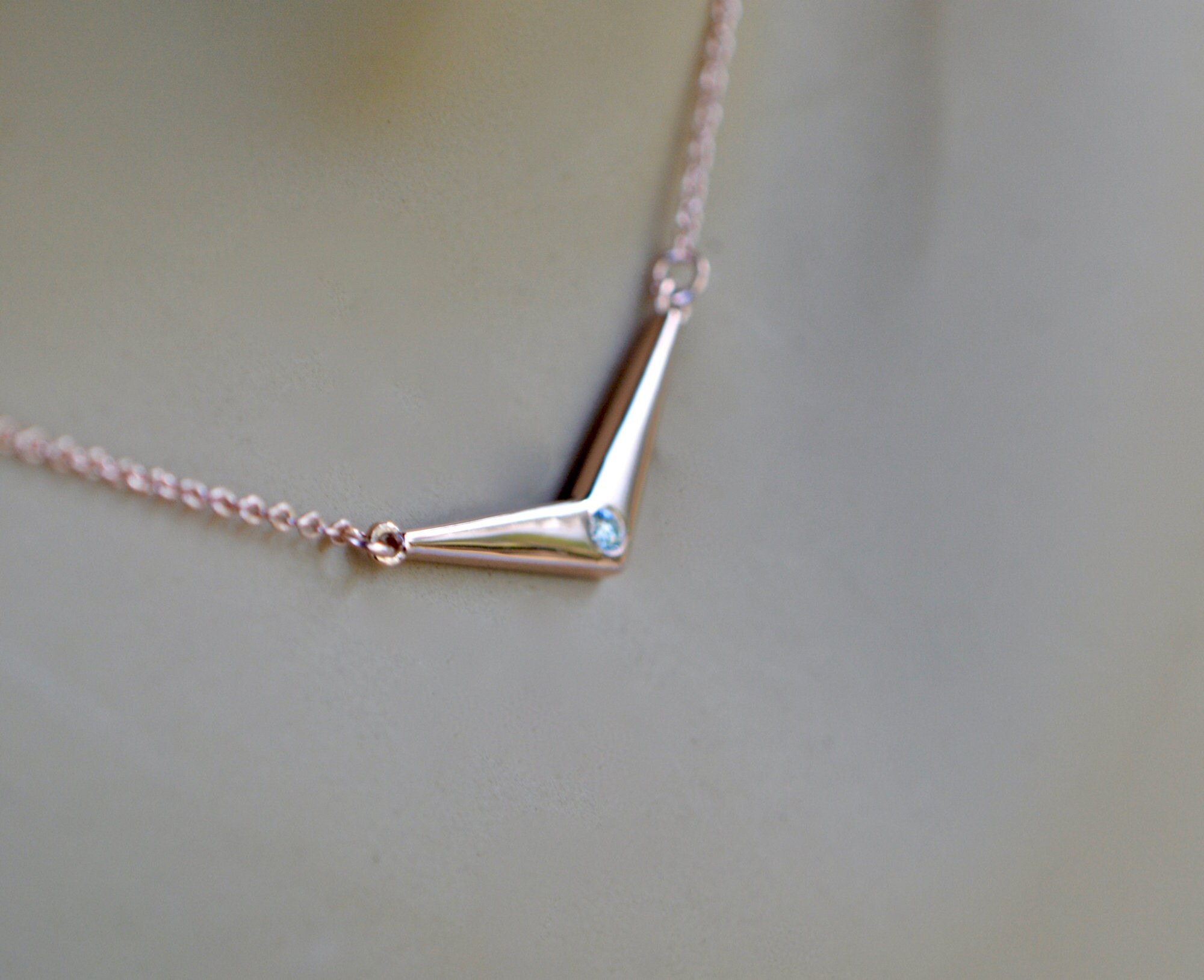 Natural Diamond V Necklace Solid 14k Rose Gold : Everyday Layering Necklace, detail view