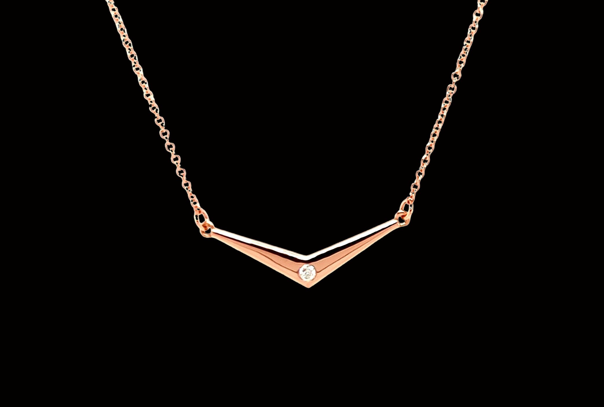 Natural Diamond V Necklace Solid 14k Rose Gold : Everyday Layering Necklace, detail view