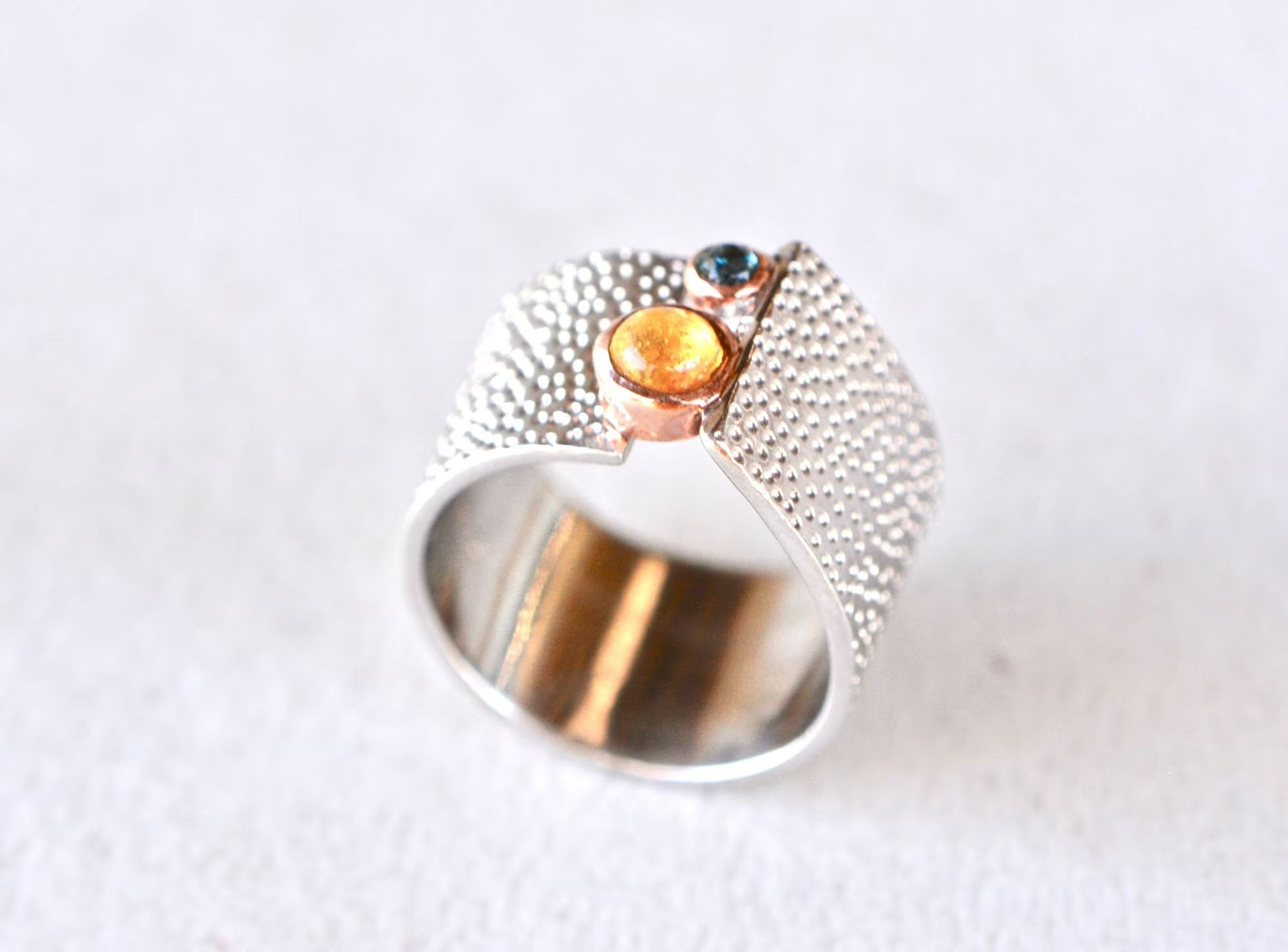Citrine & Blue Topaz Wide Band Sterling Silver Ring, Textured Band Ring, Gift for Girlfriend, Unique Gift for Wife, Stackable Ring Women
