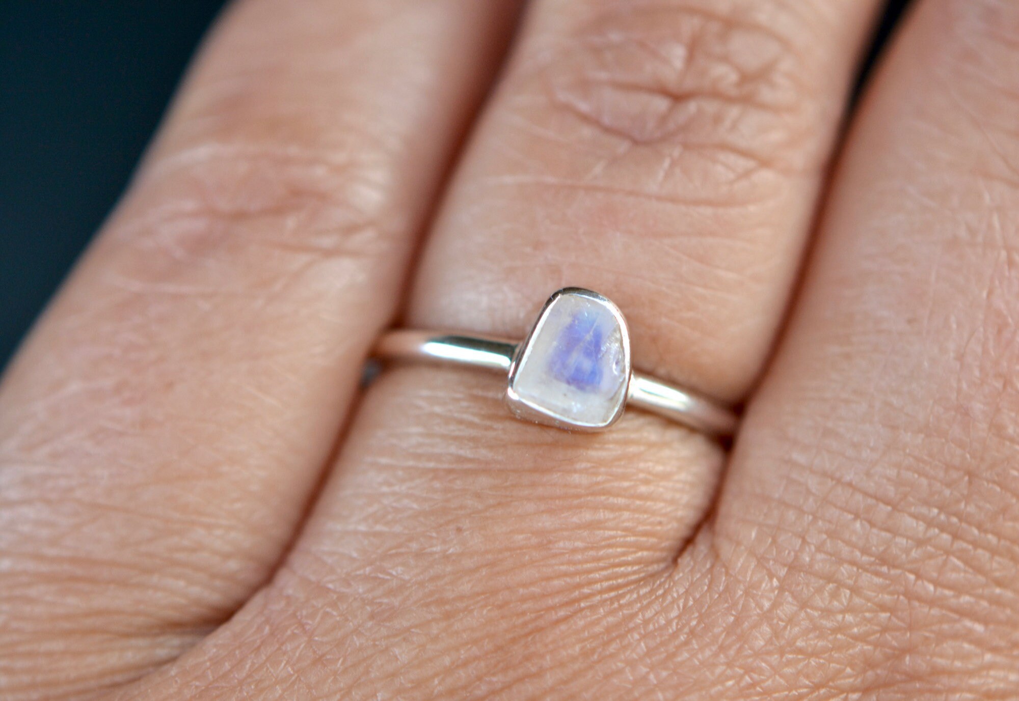 Moonstone Slice Minimalist Ring Sterling Silver : June Birthstone Jewelry, worn view