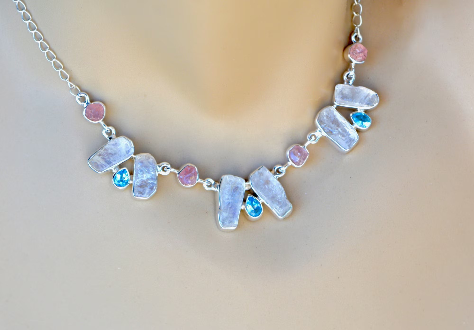 Raw Moonstone Swiss Blue Topaz & Rose Quartz Statement Necklace in Sterling Silver : June Birthstone Jewelry