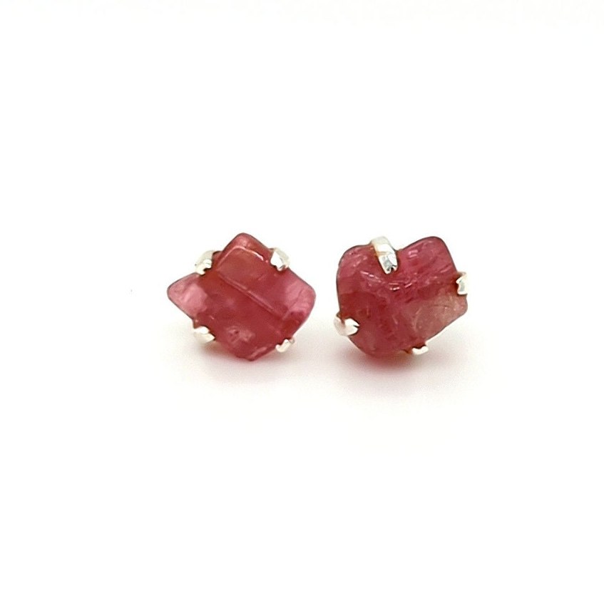 Raw Pink Tourmaline Stud Earrings Sterling Silver : October Birthstone Minimalist Jewelry, detail view