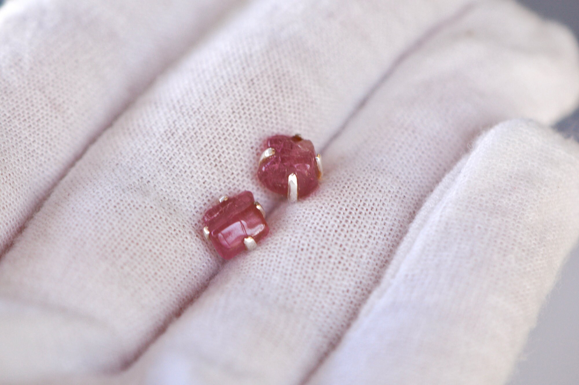 Raw Pink Tourmaline Stud Earrings Sterling Silver : October Birthstone Minimalist Jewelry, detail view