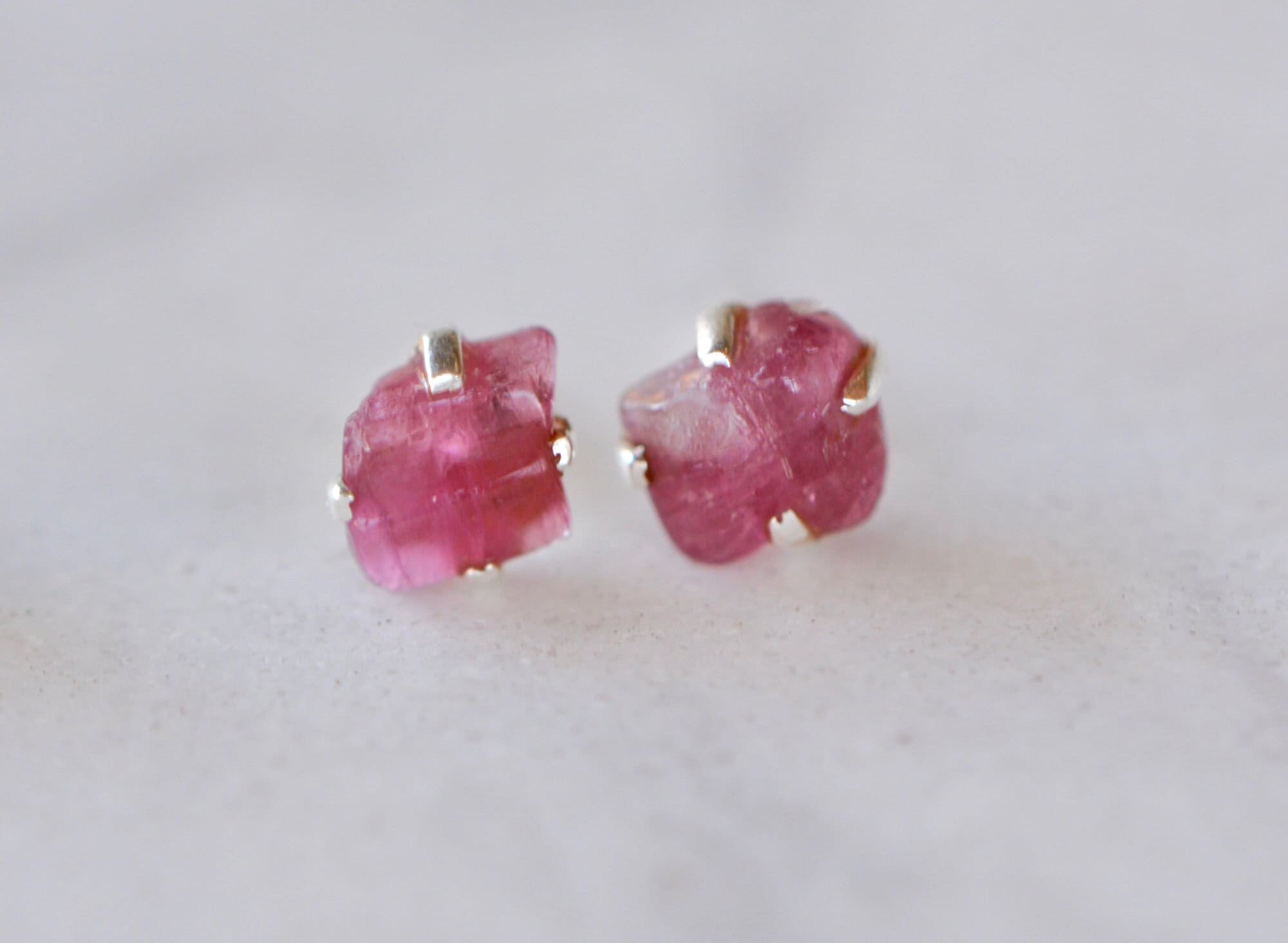 Raw Pink Tourmaline Stud Earrings Sterling Silver : October Birthstone Minimalist Jewelry