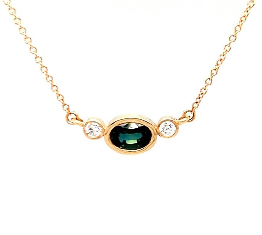 Teal Sapphire from Madagascar & Diamond 14k Gold Necklace : 5th 10th or 45th Anniversary Gift Necklace for Women