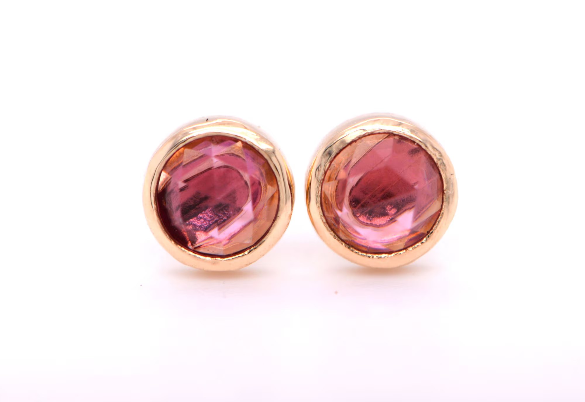 Rhodolite Garnet Round Bezel Stud Earrings Solid 14kt Gold : January Birthstone Jewelry