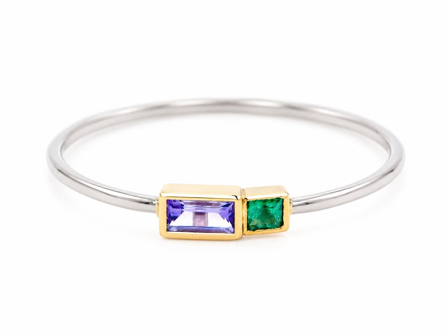 Tanzanite & Emerald Baguette 14k Gold Ring, December May Birthstone, detail view