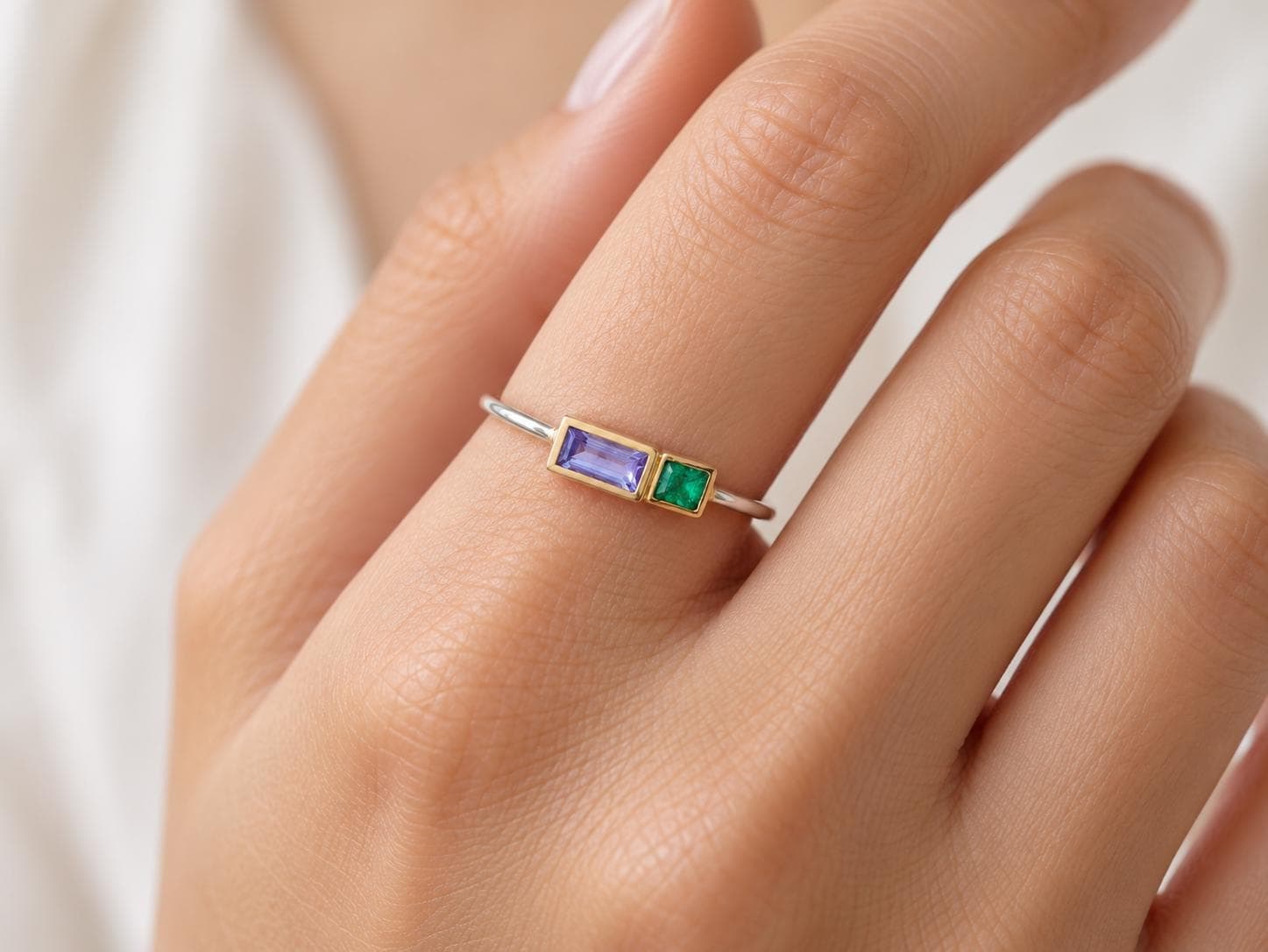 Tanzanite & Emerald Baguette 14k Gold Ring, December May Birthstone, worn view