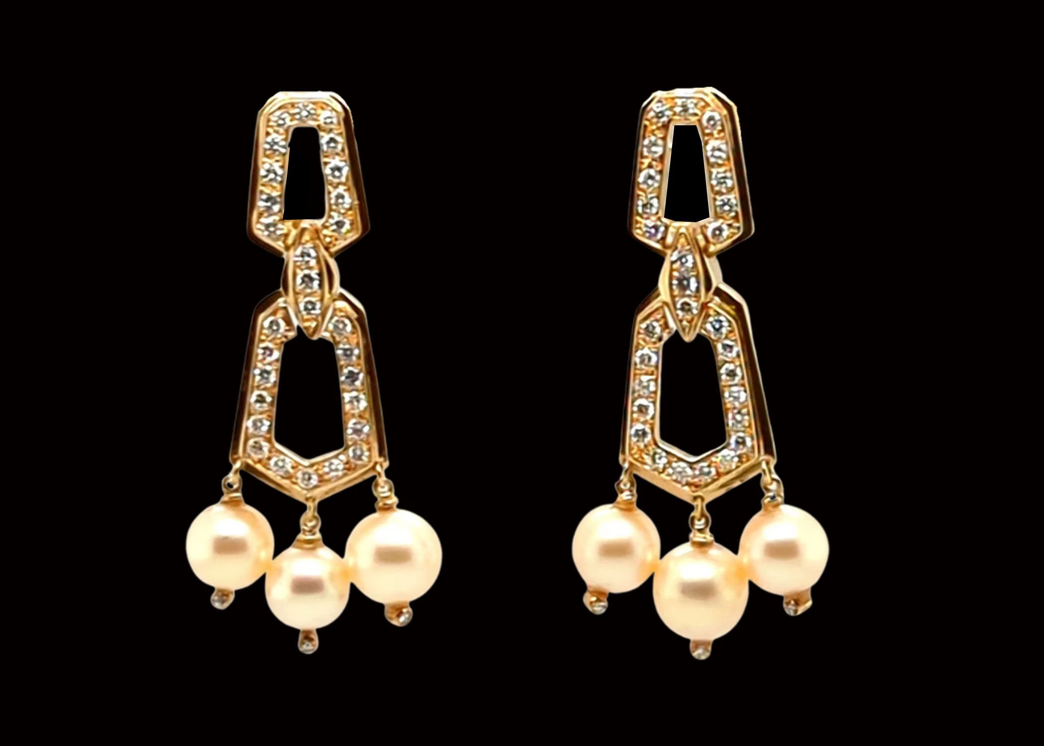 Art Deco Revival Vintage Dangly Statement Earrings 14k Gold with Diamonds & Pearls : Estate Jewelry