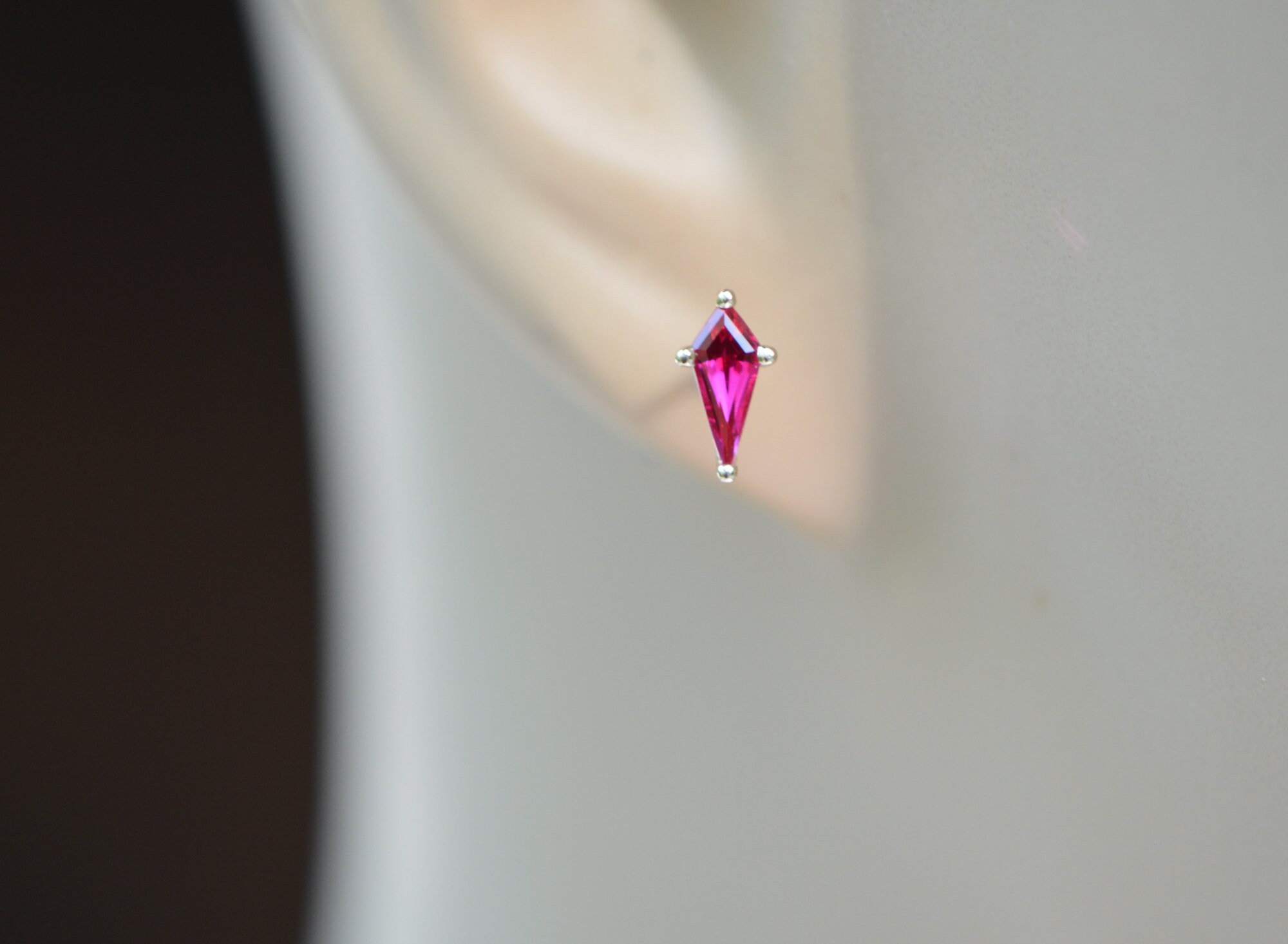 Dainty 14k Gold Lab Ruby Shield Stud Earrings, July Birthstone, detail view