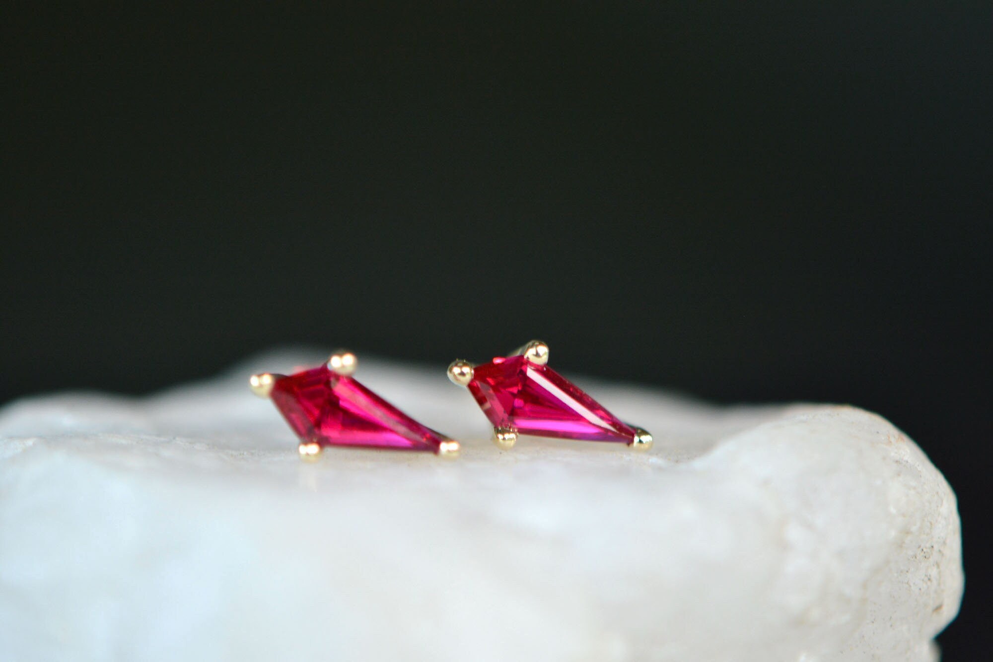 Dainty 14k Gold Lab Ruby Shield Stud Earrings, July Birthstone