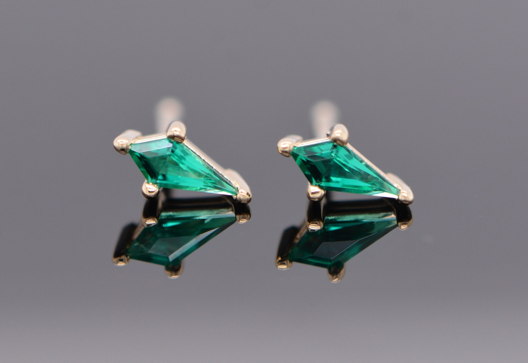 Kite Emerald Lab Solid 14k Gold Minimalist Stud Earrings : May Birthstone Jewelry, detail view