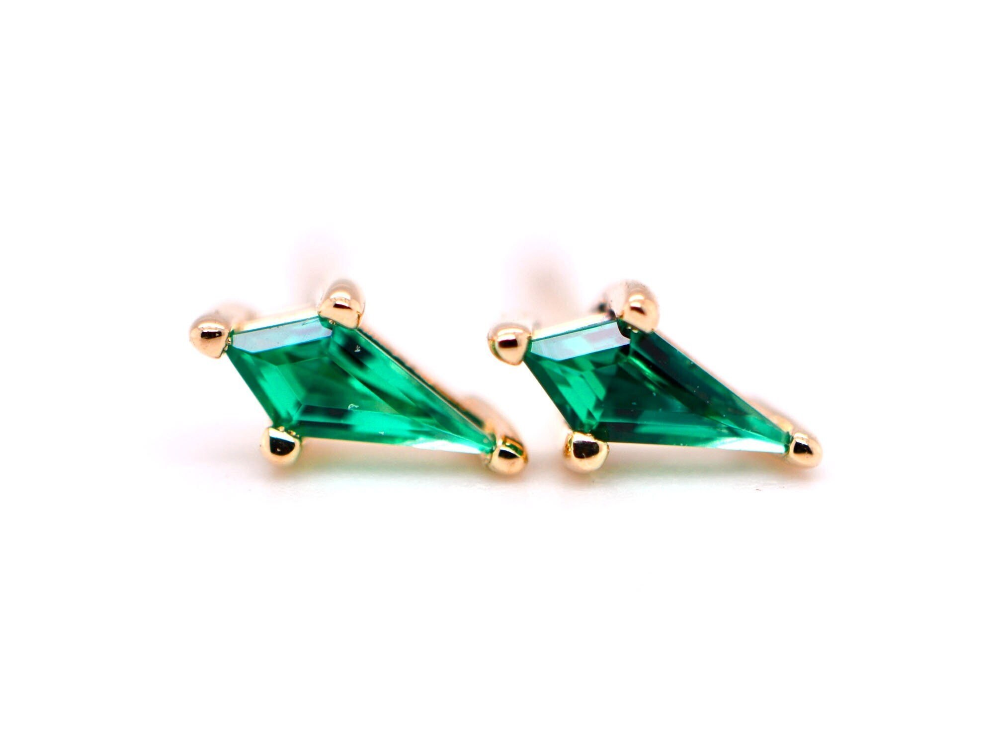 Kite Emerald Lab Solid 14k Gold Minimalist Stud Earrings : May Birthstone Jewelry