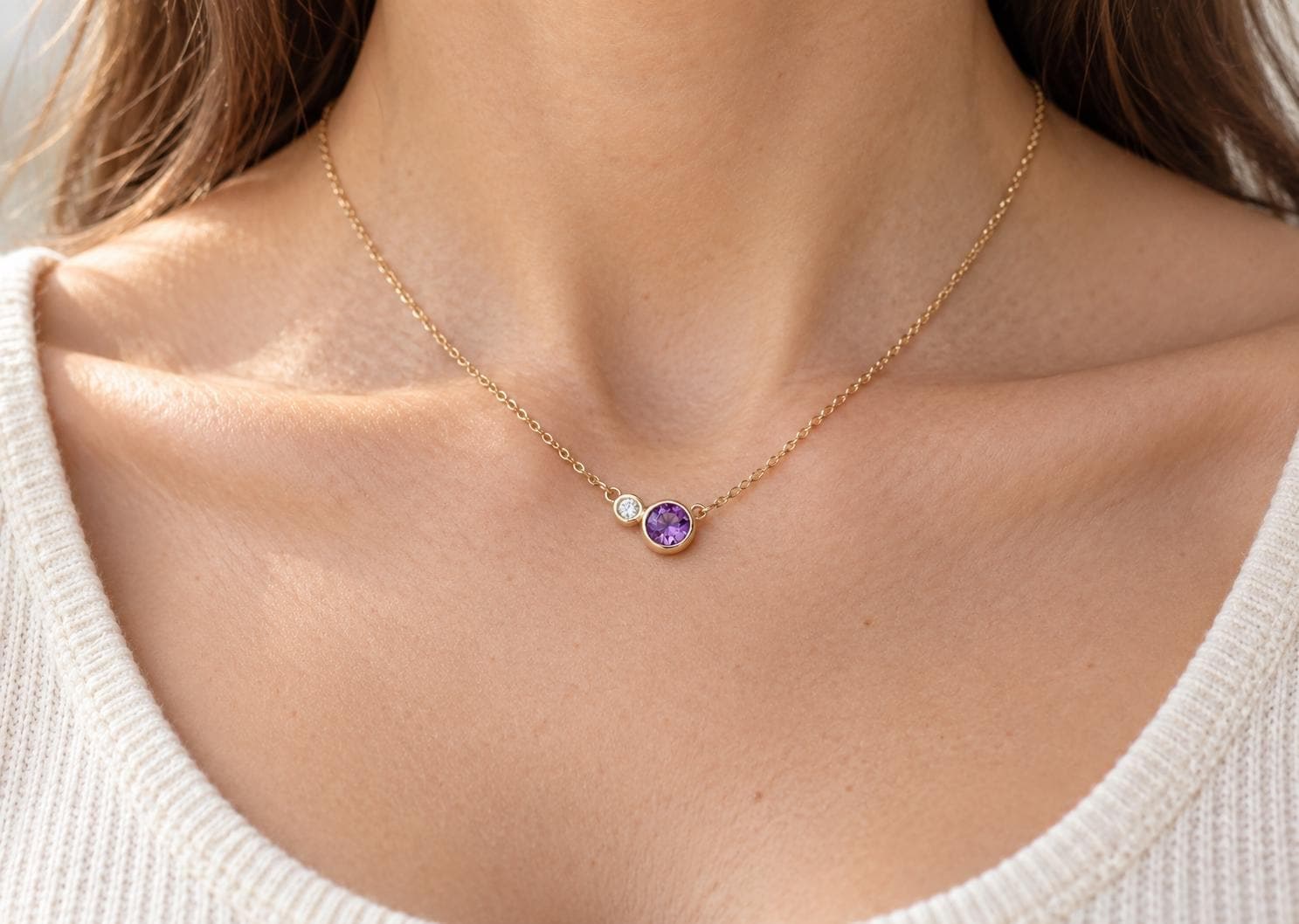 Amethyst & Diamond 14k Gold Layering Necklace, February Birthstone, worn view