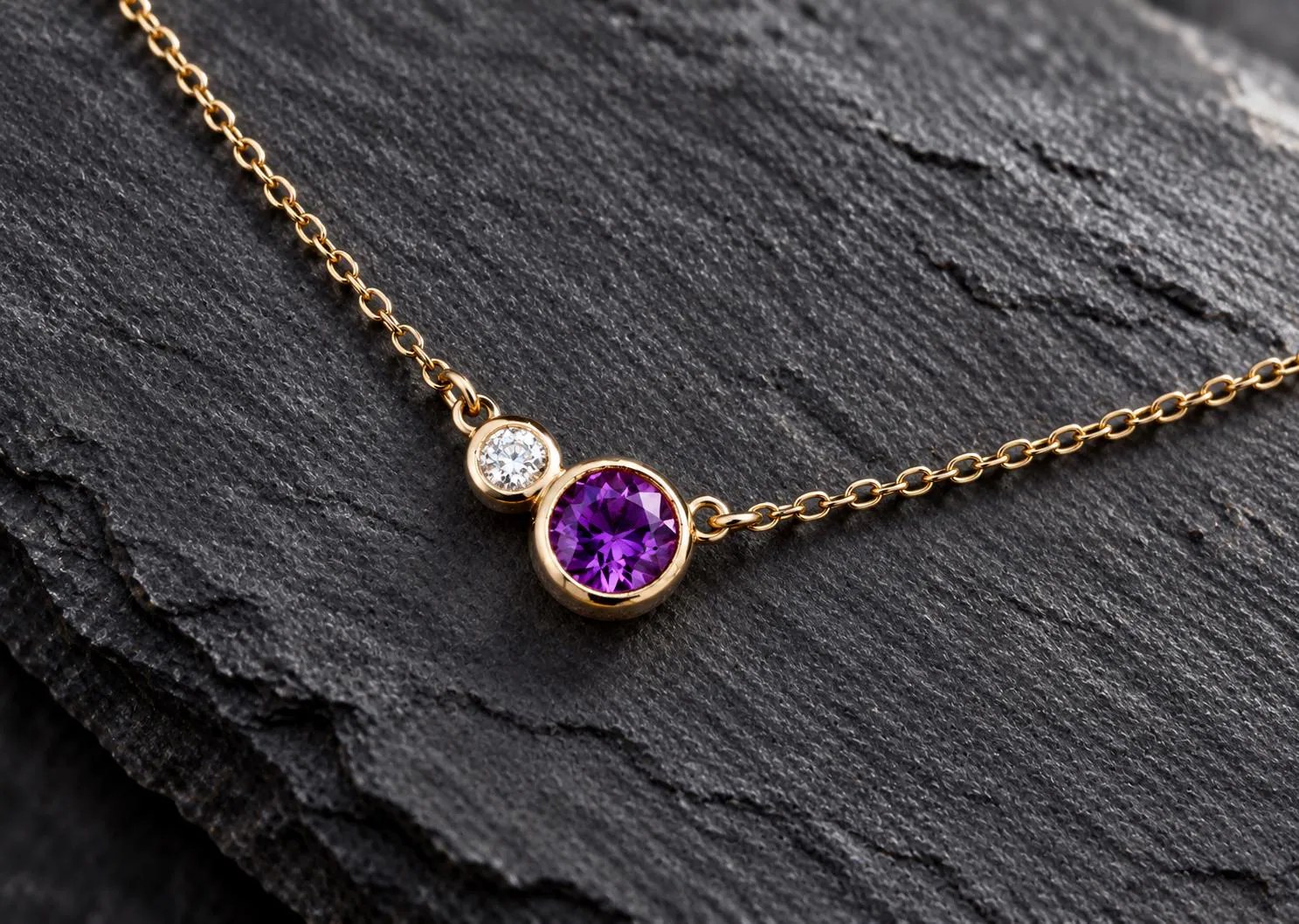 Amethyst & Diamond 14k Gold Layering Necklace, February Birthstone, detail view