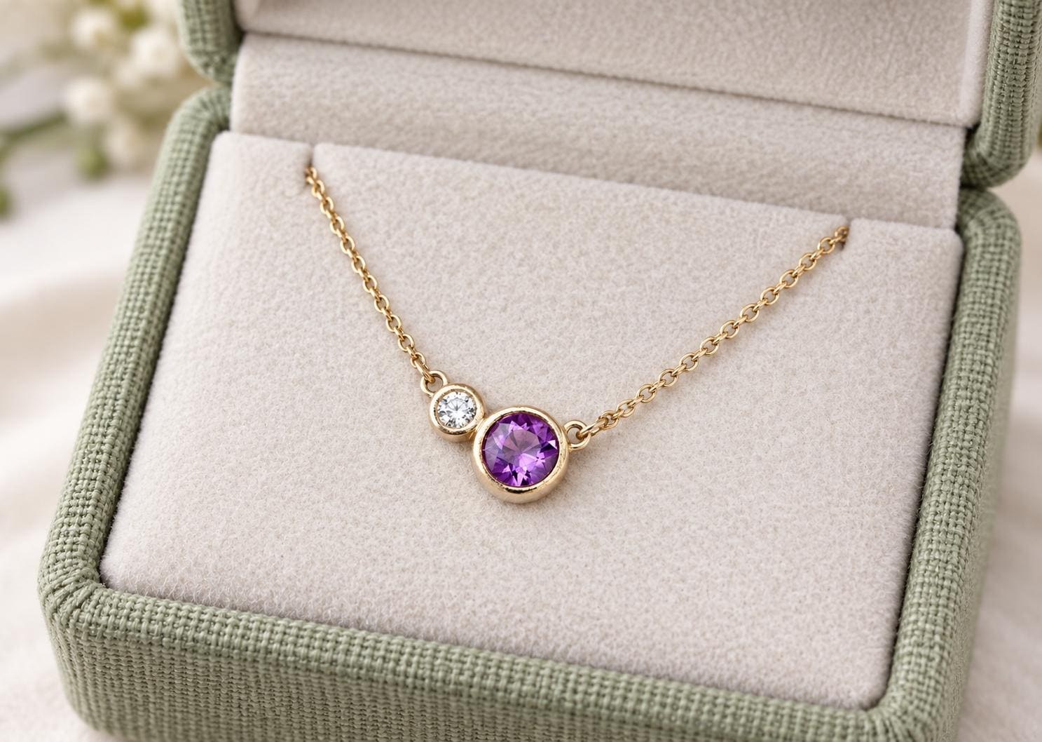 Amethyst & Diamond 14k Gold Layering Necklace, February Birthstone