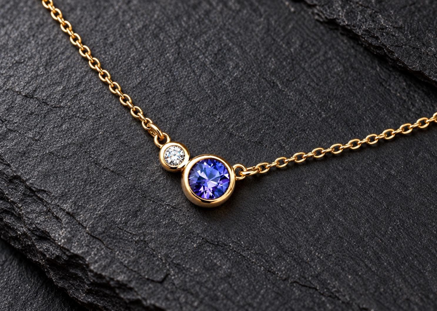 Tazanite & Diamond 14k Gold Layering Necklace, December Birthstone, detail view