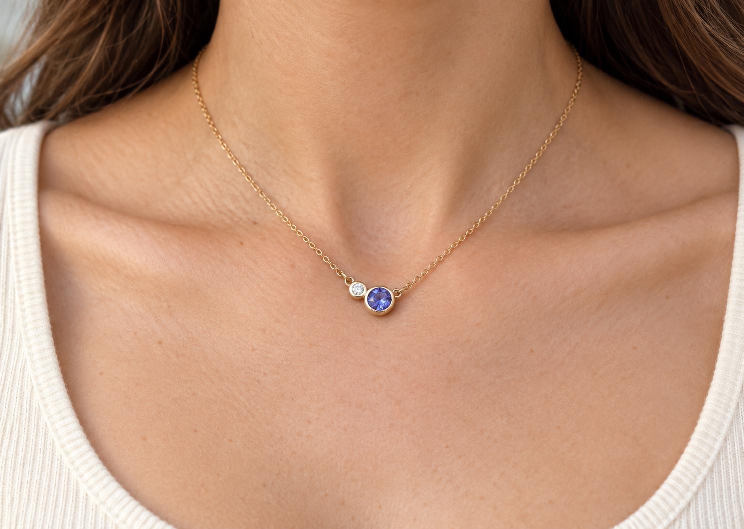 Tazanite & Diamond 14k Gold Layering Necklace, December Birthstone, worn view