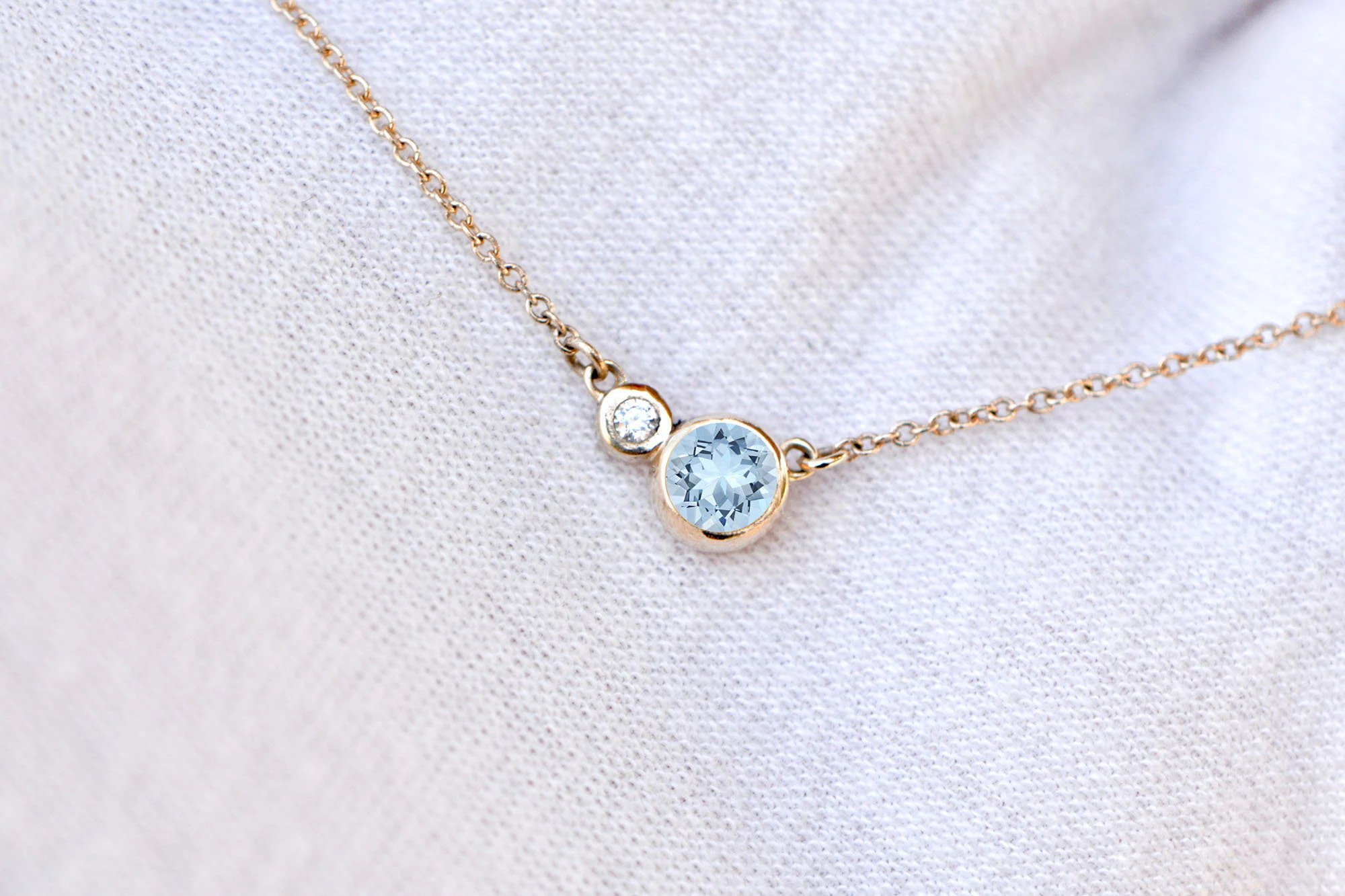 Aquamarine & Diamond 14k Gold Layering Necklace, March Birthstone, detail view
