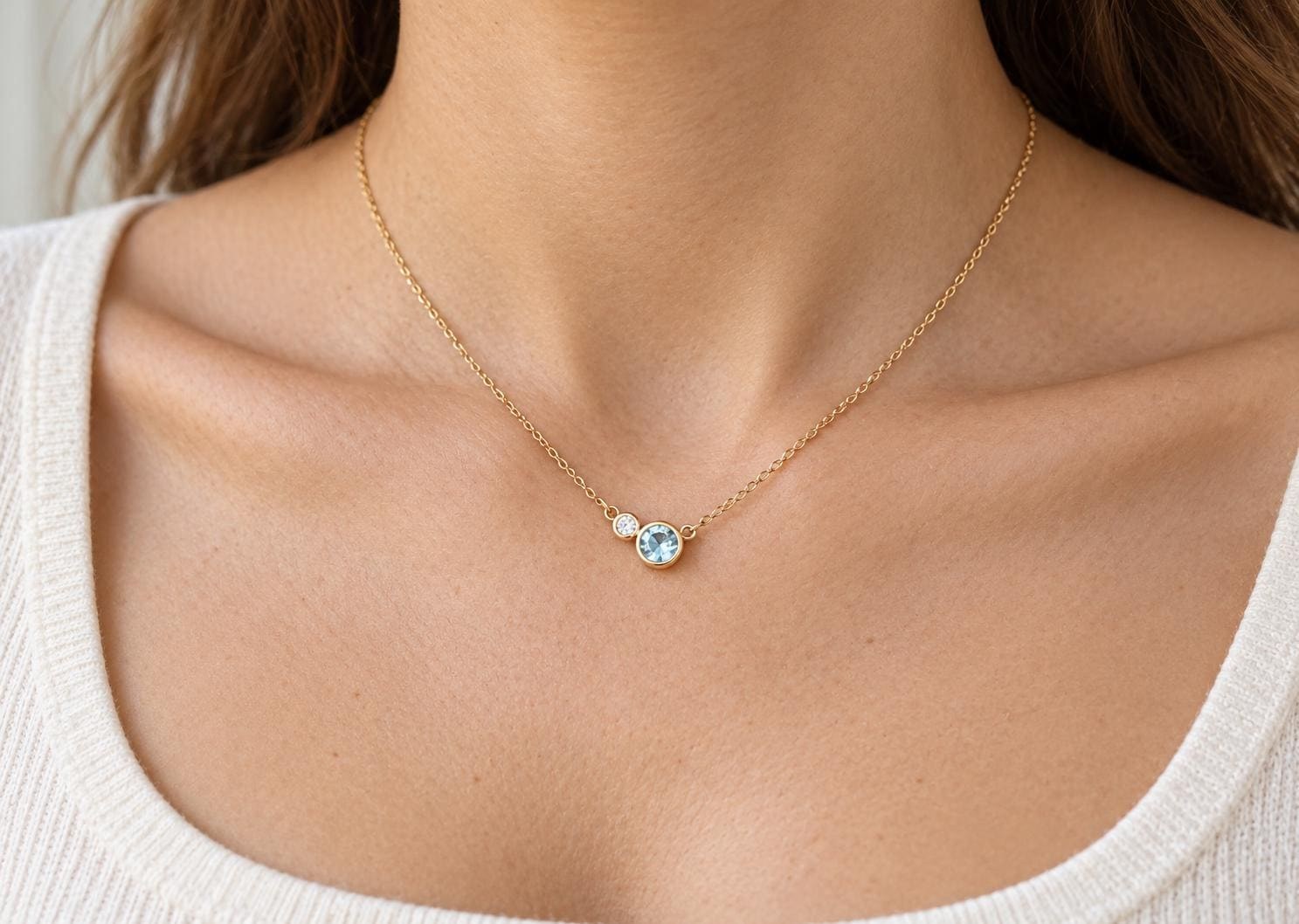 Aquamarine & Diamond 14k Gold Layering Necklace, March Birthstone, worn view