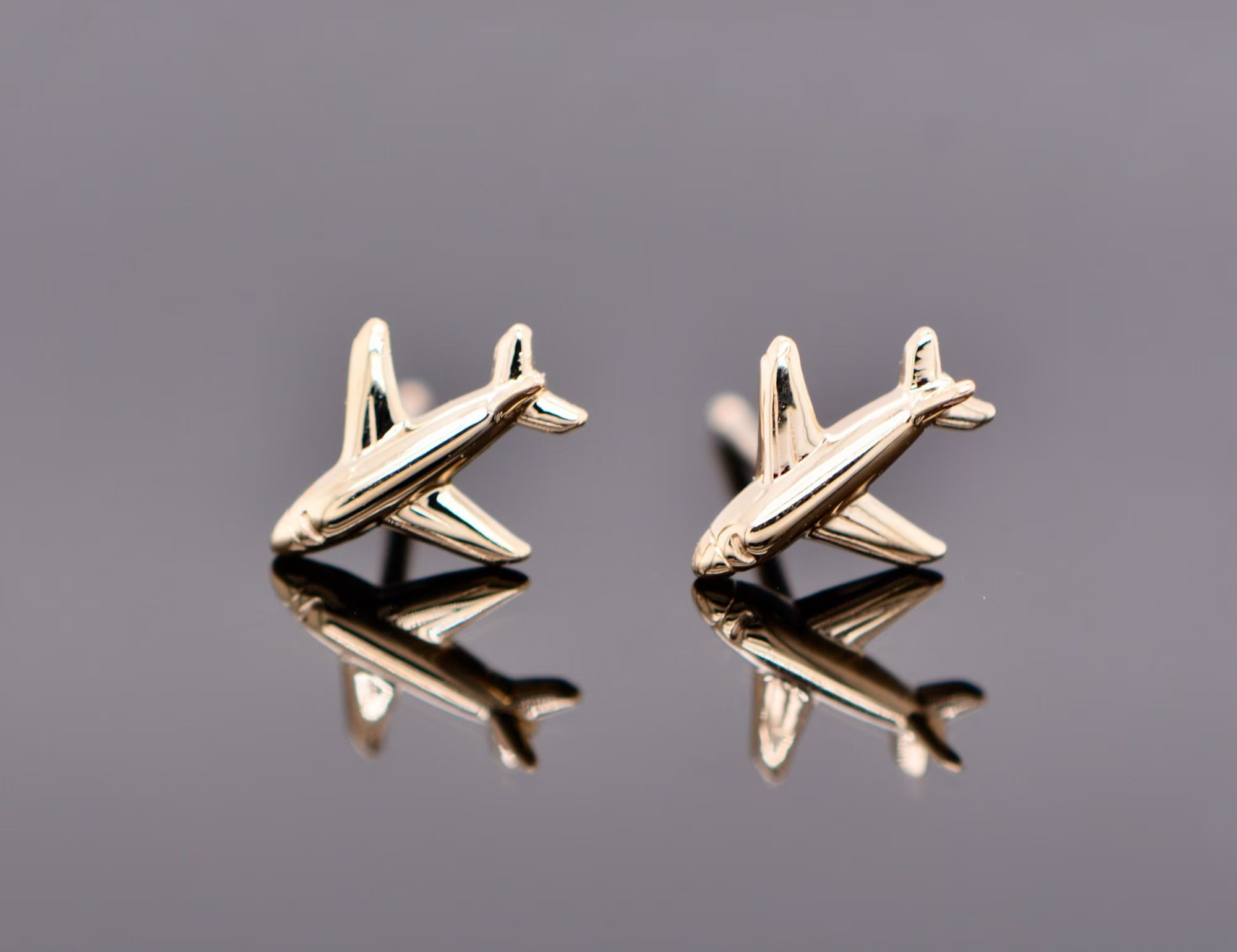 Airplane Stud Earrings 14k Gold : Aviation Jewelry Gift for Air Hostess or Flight Attendant or Pilot