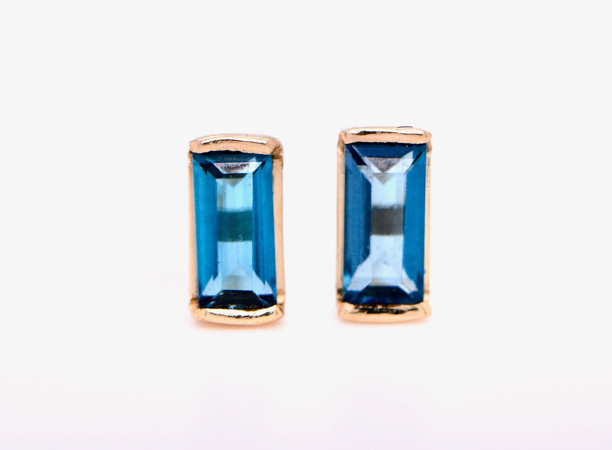 London Blue Topaz Baguette Minimalist Stud Earrings 14k Gold : December Birthstone Art Deco Inspired Jewelry