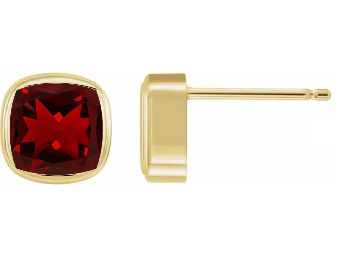 Garnet Natural Cushion Cut Red Square Stud Earrings 14k Gold: January Birthstone, detail view
