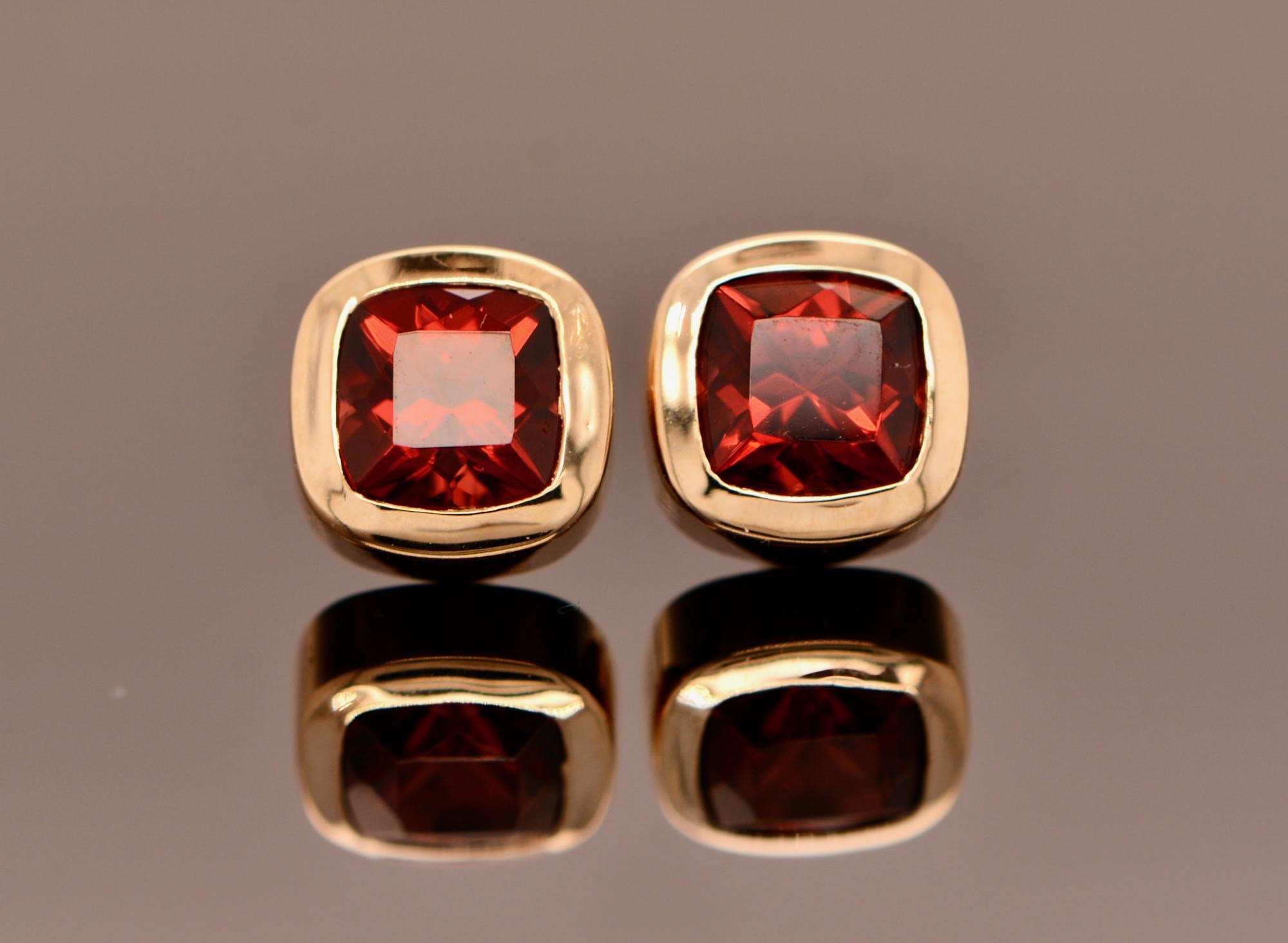 Garnet Natural Cushion Cut Red Square Stud Earrings 14k Gold: January Birthstone, detail view
