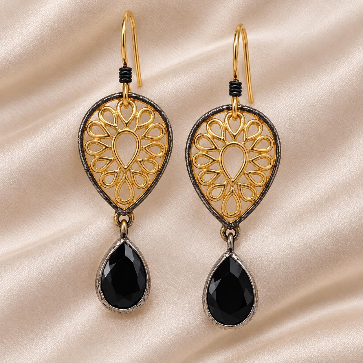 Black Onyx Gold Tone Dangly Teardrop Filigree Earrings, detail view