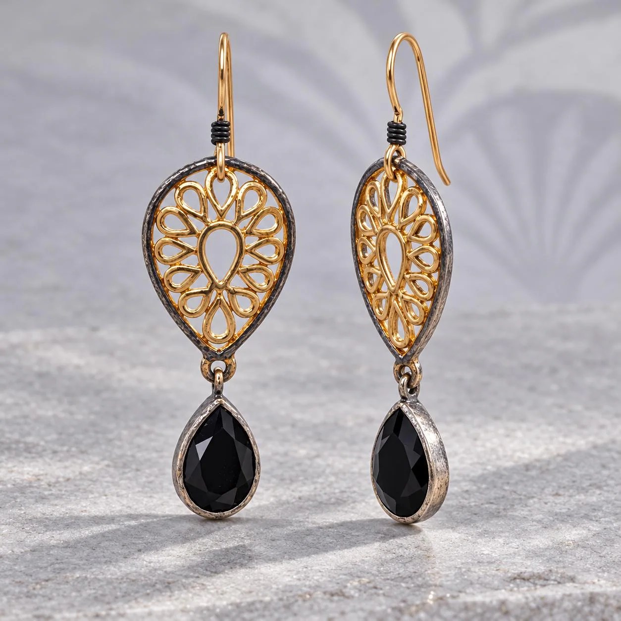 Black Onyx Gold Tone Dangly Teardrop Filigree Earrings