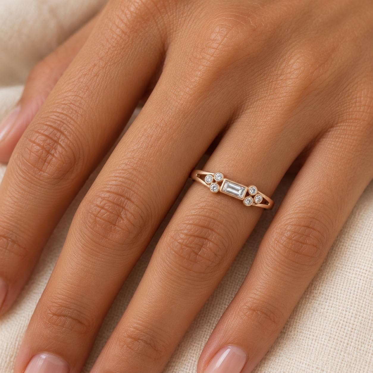 Diamond Baguette Ring 14k Gold, April Birthstone Ring, worn view